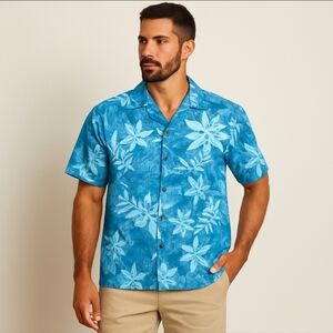 RJC Hawaiian Shirt Style 102C Blue Floral Aloha Button-Up Sz S Made in Hawaii